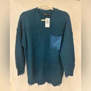 Torrid Lovesick Distressed Satin Pocket Pullover Sweater